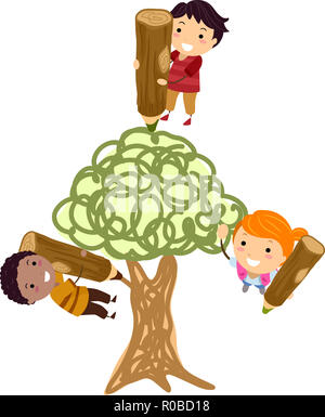 Illustration de Stickman Kids Holding crayon en bois et le dessin d'un arbre Banque D'Images