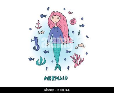 Sirène et mer tout badge dans doodle style. Vector illustration. Illustration de Vecteur