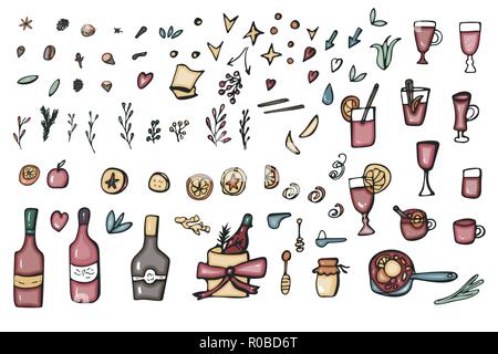 Vector set de vin chaud et des éléments d'objets. Collection de bouteilles de vin, verres, les ingrédients pour boisson chaude au style doodle sur fond blanc. Illustration de Vecteur