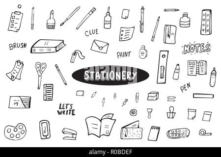 Vecteur de fournitures de bureau. Collection de papier à la main. Illustration de Vecteur