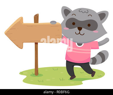 Illustration d'une mascotte raton laveur Holding a Blank Sign for direction Banque D'Images