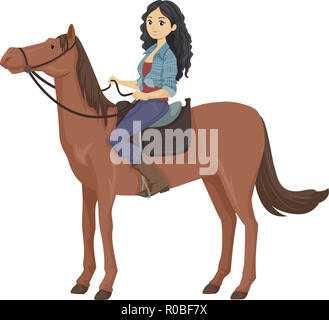 Illustration d'une fille de l'adolescence assis sur une selle, un Cheval Cheval brun Banque D'Images