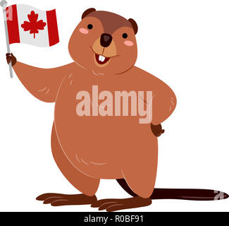 Illustration d'une mascotte de castor tenant un drapeau canadien Banque D'Images