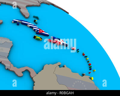 Caraïbes avec des drapeaux nationaux sur de simples politiques bleu globe 3D. 3D illustration. Banque D'Images
