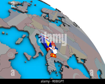 L'ex-Yougoslavie avec des drapeaux nationaux sur de simples politiques bleu globe 3D. 3D illustration. Banque D'Images