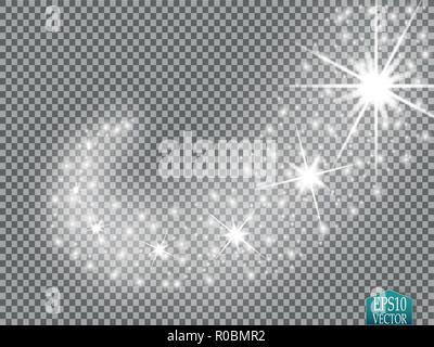 Ensemble d'effets lumières brillantes d'or isolé sur fond transparent. Flash avec des rayons du soleil et des projecteurs. Effet de lumière de bougie. Avec éclatement d'étoile brille. Illustration de Vecteur