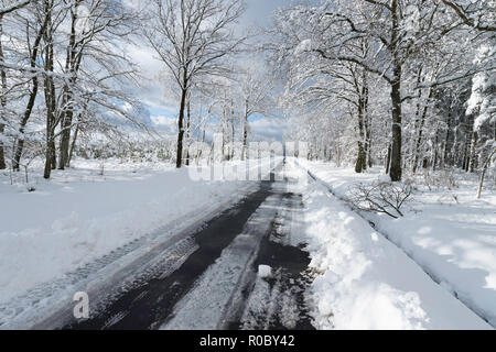 Paysage de l'Ardenne de montagnes en hiver, route de campagne et la neige Banque D'Images