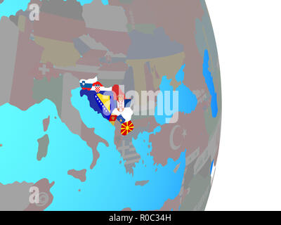 L'ex-Yougoslavie avec les drapeaux nationaux sur globe politique simple. 3D illustration. Banque D'Images