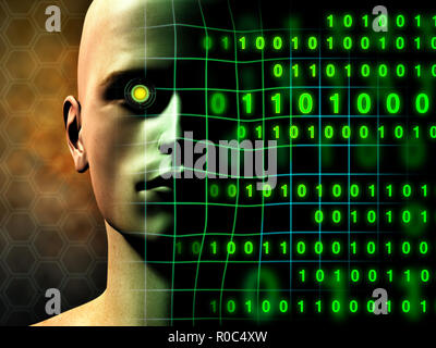 Un cyborg visage s'estompe graduellement dans certains flux de code binaire. Illustration numérique. Banque D'Images