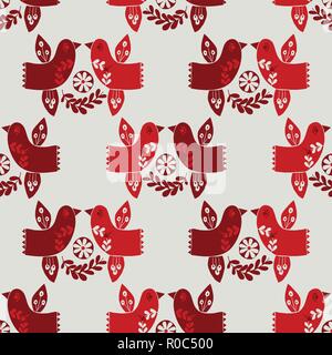 Noël vecteur oiseaux folk rouge motif transparent. Illustration de Vecteur