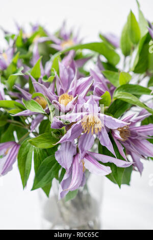 Bouquet de lilas clematis fleurs dans vase en verre. Le travail de la fleuriste à un magasin de fleur. Un vase en verre avec des fleurs placées sur le tableau gris en bois Banque D'Images