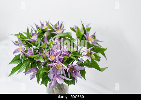 Bouquet de lilas clematis fleurs dans vase en verre. Le travail de la fleuriste à un magasin de fleur. Un vase en verre avec des fleurs placées sur le tableau gris en bois Banque D'Images