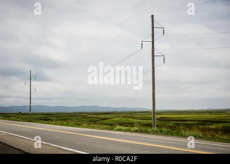 Des poteaux électriques sur des îles de la Madeleine, Québec, Canada. Banque D'Images