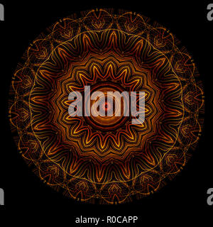 Un réseau complexe orange, rouge et jaune sur fond noir kaléidoscope Banque D'Images