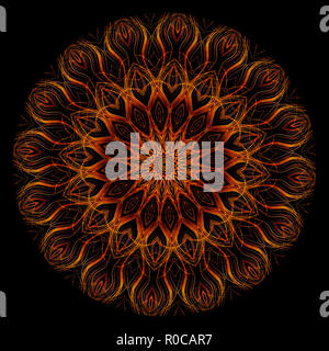 Un réseau complexe orange, rouge et jaune sur fond noir kaléidoscope Banque D'Images