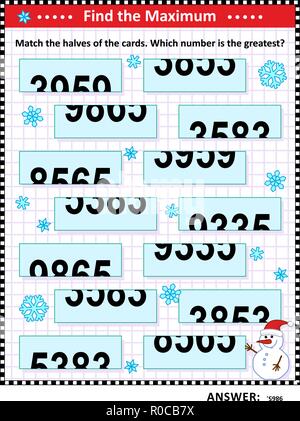 Visual math puzzle : trouver le maximum. Faire correspondre les moitiés de cartes. Quel nombre est le plus grand ? Réponse inclus. Illustration de Vecteur