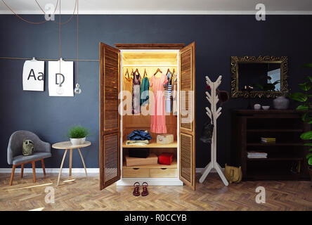 Accueil placard avec portes ouvertes de l'intérieur. Le rendu 3D concept design Banque D'Images