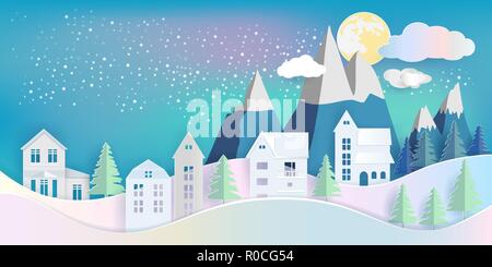 Vue de la maison et de pins avec vue sur la montagne en hiver nuit sous la pleine lune jaune et cloud. paper art design vector illustration pour noël background Illustration de Vecteur