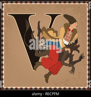 Livre de conte pour enfants cartoon alphabet. Lettre V. Vakula et le Diable. La nuit de la veille de Noël par Nikolaï Gogol Banque D'Images