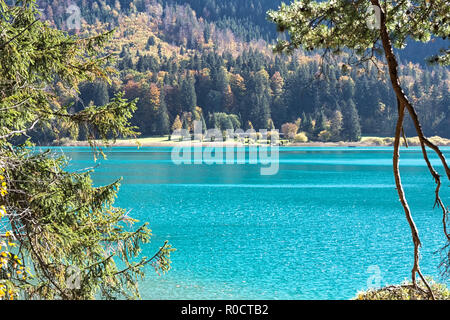 Vue sur le lac de couleur turquoise 'Alpsee' et l'Alpseebad depuis un sentier autour du lac en automne. Schwangau, Füssen, Bavière, Allemagne Banque D'Images