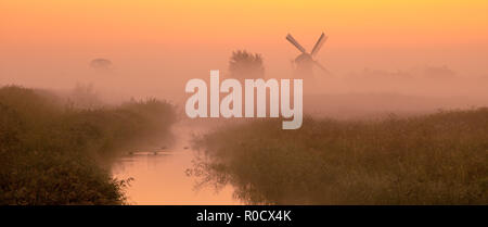 Paysage typiquement hollandais avec moulin historique caractéristique sur un temps brumeux matin de septembre aux Pays-Bas Banque D'Images