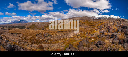 Panorama du Parc National de Tongariro avec les deux Mt Ngauruhoe et le Mont Ruapehu en vue sur une belle journée ensoleillée, Nouvelle-Zélande Banque D'Images