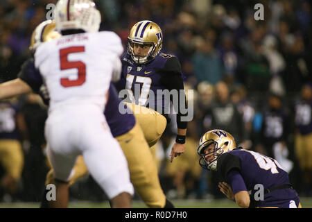 Seattle, WA, USA. 29Th sep 2018. Washington Huskies kicker Peyton Henry (47) au cours d'un jeu entre le Stanford Cardinal et Washington Huskies au Husky Stadium à Seattle, WA. Sean Brown/CSM/Alamy Live News Banque D'Images