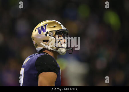 Seattle, WA, USA. 29Th sep 2018. Washington Huskies arrière défensif Taylor Rapp (7) lors d'un match entre le Stanford Cardinal et Washington Huskies au Husky Stadium à Seattle, WA. Les Huskies à l'encontre du Cardinal 27-23. Sean Brown/CSM/Alamy Live News Banque D'Images
