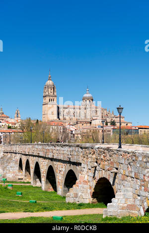 Le Puente Romano (pont romain) et vue sur la vieille ville et de cathédrales, de Salamanque, Castille et Leon, Espagne Banque D'Images