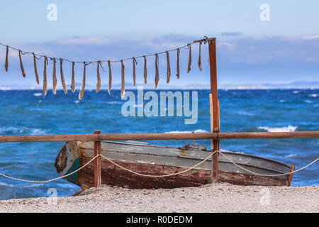 Bras de mer calmars séchant au soleil au-dessus d'une barque sur l'île de Lesbos, Grèce Banque D'Images