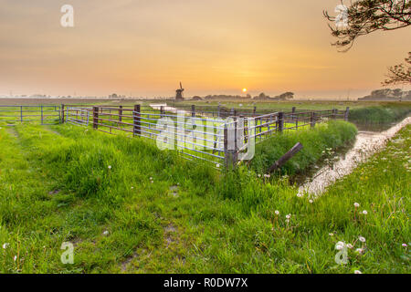 Paysage hollandais avec moulin et clôtures pendant le coucher du soleil Banque D'Images