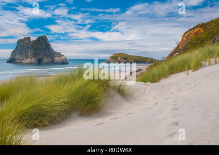 Dunes de sable et la végétation d'herbe au célèbre Wharariki Beach, Banque D'Images