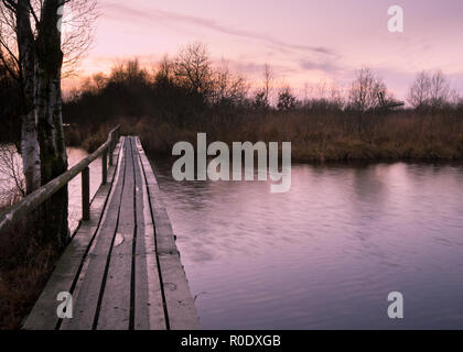 Pont à pied pendant le coucher du soleil sur un marais dans la réserve naturelle de Deelen aux Pays-Bas Banque D'Images