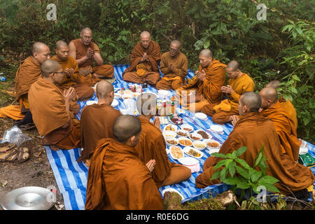 CHIANG DAO, THAÏLANDE, 06 janvier 2015 : Groupe de moines bouddhistes priant pour nouvel an fête avant une piscine déjeuner dans la nature sauvage de t Banque D'Images