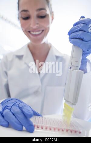 Laboratoire femelle assistant à l'aide d'une pipette multi. Banque D'Images