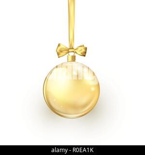 Gold Christmas ball avec ruban de soie d'or et s'incliner. Élément de maison de décoration. Vector illustration isolé sur fond blanc Illustration de Vecteur