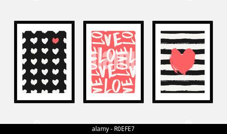 Un ensemble de trois d'art encadrée en rouge, noir et blanc isolé sur fond gris clair. L'art abstrait des affiches, des cartes de souhaits imprimables, t-shirt de Illustration de Vecteur