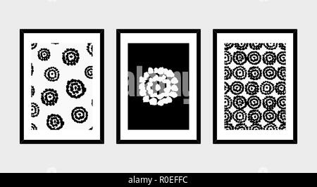 Un ensemble de trois d'art encadrée de fleurs stylisées en noir et blanc isolé sur fond rose clair. L'art abstrait des affiches, d'accueil Version imprimable Illustration de Vecteur