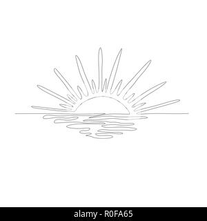 Dessin d'une ligne continue. Coucher du soleil sur la mer. Vector illustration. Illustration de Vecteur