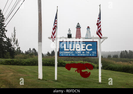 LUBEC, Maine, USA-Juillet 10, 2013 : panneau de bienvenue à Lubec, dans le Maine, ville de l'est aux USA. Banque D'Images