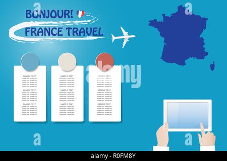 Mains tenant tablette avec écran vide prêt pour votre texte. Carte de France vierge et des étiquettes à l'arrière-plan sont prêts pour votre texte. Le vecteur peut b Illustration de Vecteur