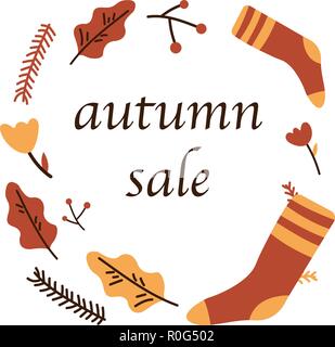 Vente d'automne de l'affiche promo rabais saisonniers automnaux pour bannière web shopping de feuille d'érable, Rowan berry ou chêne. Modèle de conception de scénario, shop modèle offre la publicité. Illustration de Vecteur
