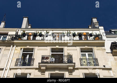 Appartements et protection ouvrir leurs portes lors d'une journée ensoleillée, et d'un balcon orné de fleurs sur la Rue Mouffetard, Paris, France. Banque D'Images