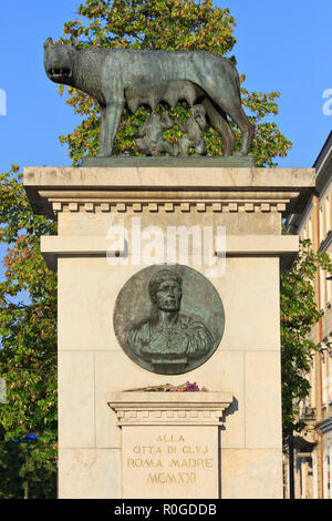 Statue de la 'Wolf' Capitolin suckling, les jumeaux Romulus et Remus, à partir de la légende de la fondation de Rome à Cluj Napoca, Roumanie Banque D'Images