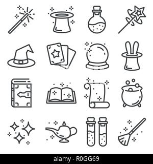 Ligne Vector icons set magique. Contient des icônes telles que Chapeau magique, baguette, livre de sorts, les effets et plus encore. Illustration de Vecteur