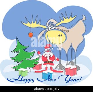 Carte de souhaits avec le Père Noël, l'orignal, l'arbre, présente une bonne année art Illustration de Vecteur