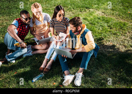 L'interracial groupe d'étudiants avec les ordinateurs portables et notebooks l'étude sur l'ensemble de la pelouse verte Banque D'Images