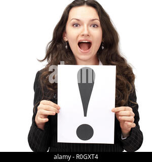 Young business woman holding le point d'exclamation Banque D'Images