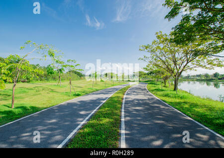 Route asphaltée en campagne. Itinéraire dans la belle nature paysage avec soleil, ciel bleu et l'herbe verte. Banque D'Images