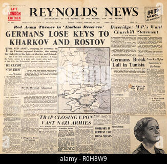 'Les Allemands perdent des clés à Kharkov et Rostov' Reynolds News deuxième Guerre mondiale WW2 titre du journal Ukraine carte 14 février 1943 à Londres Grande-Bretagne Royaume-Uni Banque D'Images